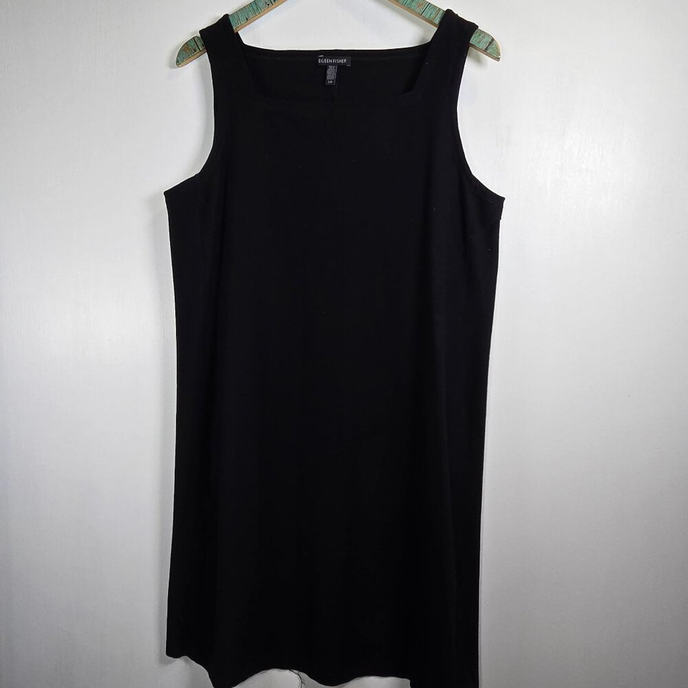 Eileen Fisher Basic Black Square Neck Stretch Ribbed Tank Dress S19TK Dress, Lg